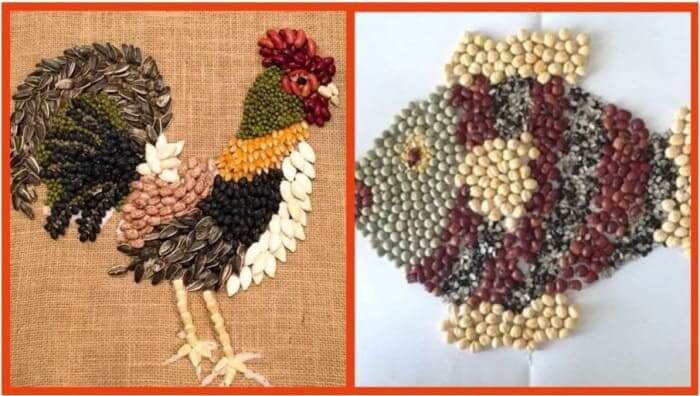 Gambar Mozaik Ayam dan Ikan dari Biji-bijian